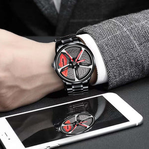 Spinning Car Watch with Stainless Steel Band Waterproof Japanese Quartz Wrist Watch