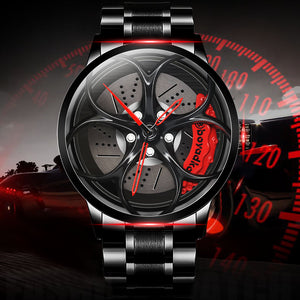 Car Rim Watch-Waterproof Stainless Steel Japanese Quartz Wrist Watch Sports Men’s Watches(Red)