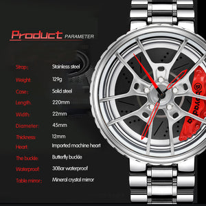 Car Wheel Watch-Waterproof Stainless Steel Japanese Quartz Wrist Watch