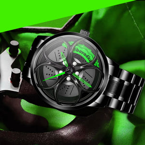 Car Rim Watch-Waterproof Stainless Steel Japanese Quartz Wrist Watch Sports Men’s Watches(Green)