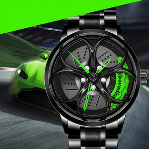 Car Rim Watch-Waterproof Stainless Steel Japanese Quartz Wrist Watch Sports Men’s Watches(Green)