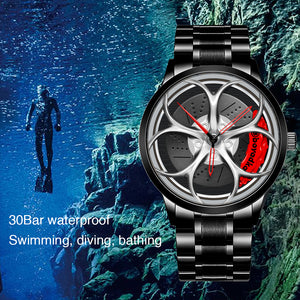 Car Rim Watch-Waterproof Stainless Steel Japanese Quartz Wrist Watch Sports Men’s Watches(Silver)