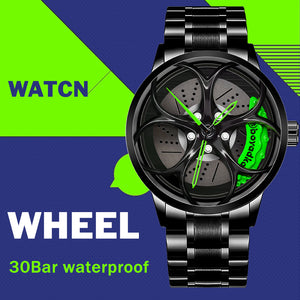 Car Rim Watch-Waterproof Stainless Steel Japanese Quartz Wrist Watch Sports Men’s Watches(Green)