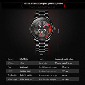 Car Rim Watch-Waterproof Stainless Steel Japanese Quartz Wrist Watch Sports Men’s Watches(Red)