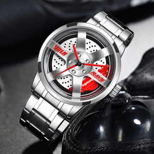 Car Rim Watch-Waterproof Stainless Steel Japanese Quartz Wrist Watch Sports Men’s Watches(Silver-HD)