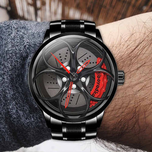 Car Rim Watch-Waterproof Stainless Steel Japanese Quartz Wrist Watch Sports Men’s Watches(Red)