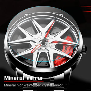 Car Wheel Watch-Waterproof Stainless Steel Japanese Quartz Wrist Watch(Silver)