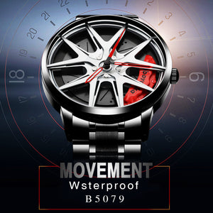 Car Wheel Watch-Waterproof Stainless Steel Japanese Quartz Wrist Watch(Silver)