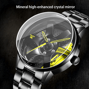 Car Wheel Watch-Waterproof Stainless Steel Japanese Quartz Wrist Watch Sports Men’s atches (Yellow)