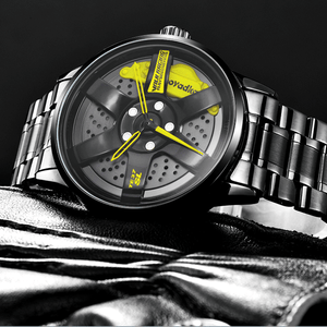 Car Wheel Watch-Waterproof Stainless Steel Japanese Quartz Wrist Watch Sports Men’s atches (Yellow)