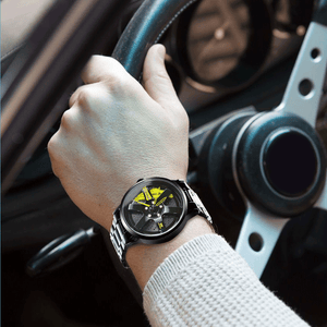 Car Wheel Watch-Waterproof Stainless Steel Japanese Quartz Wrist Watch Sports Men’s atches (Yellow)