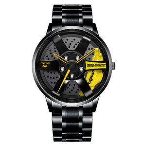 Car Wheel Watch-Waterproof Stainless Steel Japanese Quartz Wrist Watch Sports Men’s atches (Yellow)